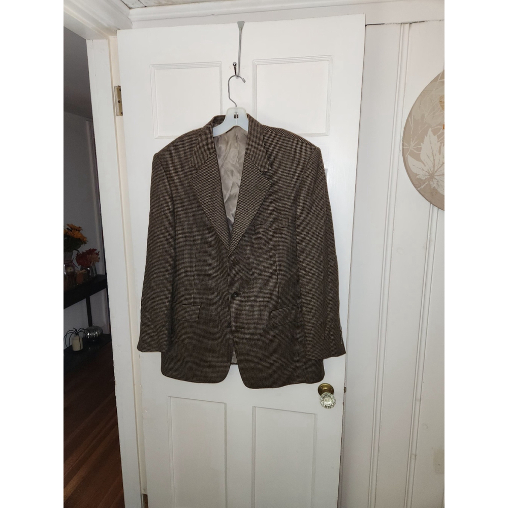 Roundtree & Yorke Mens Wool 2-Button Blazer Jacket Brown Windowpane Plaid • 42R